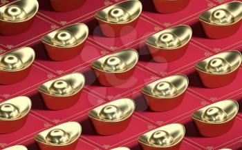 Chinese gold ingot with red background, 3d rendering. Computer digital drawing.