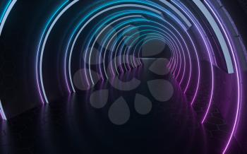Dark tunnel with neon glowing lines, 3d rendering. Computer digital drawing.