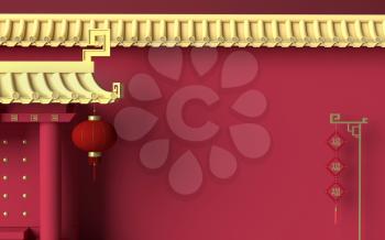 Chinese palace walls, red walls and golden tiles, 3d rendering. Translation: 'blessing'. Computer digital drawing.