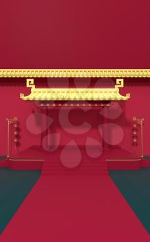 Chinese palace walls, red walls and golden tiles, 3d rendering. Translation: blessing. Computer digital drawing.