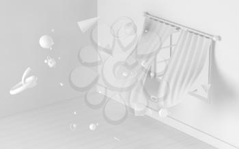 Creative interior scene with flying geometries, 3d rendering. Computer digital drawing.