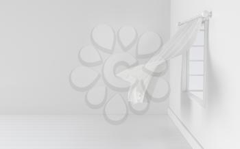 Empty room with blowing curtain, interior background, 3d rendering. Computer digital drawing.