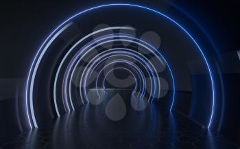 Dark tunnel with neon glowing lines, 3d rendering. Computer digital drawing.