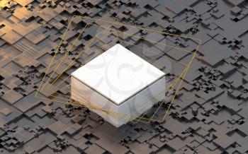 Empty cube stage with block pattern background, 3d rendering. Computer digital drawing.