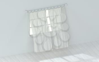 Empty room with blowing curtain, interior background, 3d rendering. Computer digital drawing.