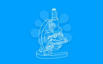 Hand-drawn microscope with blueprint style, raster illustration. Computer digital drawing.