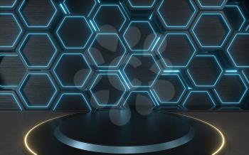 Empty round stage with hexagon geometric background, 3d rendering. Computer digital drawing.
