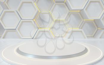 Empty round stage with hexagon geometric background, 3d rendering. Computer digital drawing.