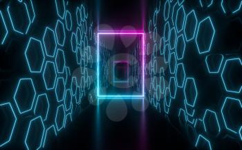 Dark tunnel with glowing neon lines, 3d rendering. Computer digital drawing.
