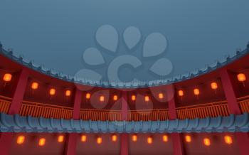 Ancient round house, Chinese classical round house, 3d rendering. Computer digital drawing.
