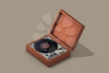 Retro style vinyl record player, music album, raster illustration. Computer digital drawing.