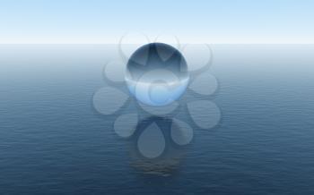 Water sphere over the calm ocean, fantastic scene, 3d rendering. Computer digital drawing.