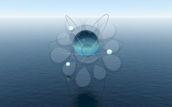 Molecule sphere over the calm ocean, fantastic scene, 3d rendering. Computer digital drawing.