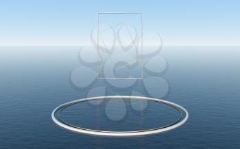 Round platform floating on the water surface, 3d rendering. Computer digital drawing.