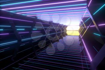 Dark spaceship tunnel with glowing lines, 3d rendering. Computer digital drawing.