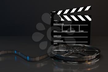 Clapper board and film tape with dark background, 3d rendering. Computer digital drawing.