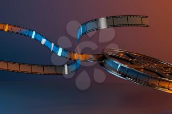 Film tapes with dark background, 3d rendering. Computer digital drawing.