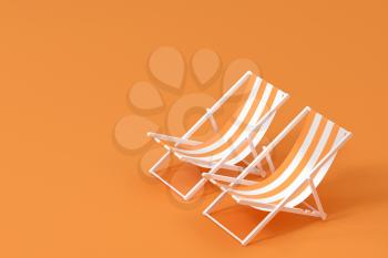 Sunshade, beach chair with orange background, 3d rendering. Computer digital drawing.
