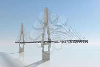 Suspension bridge with white bridge, 3d rendering. Computer digital drawing.
