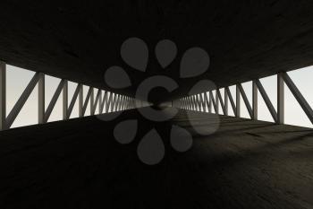 Dark concrete tunnel, symmetry construction, 3d rendering. Computer digital drawing.