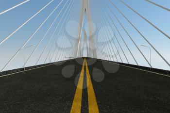 Asphalt road on the suspension bridge, 3d rendering. Computer digital drawing.