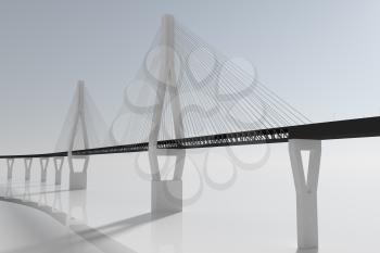 Suspension bridge with white bridge, 3d rendering. Computer digital drawing.
