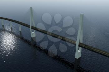 The suspension bridge over the lake, 3d rendering. Computer digital drawing.