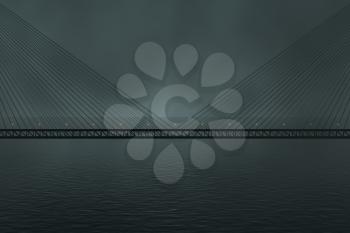 The suspension bridge over the lake at night, 3d rendering. Computer digital drawing.