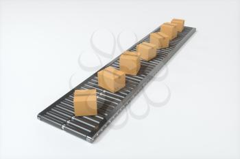 Transportation of the container box on the conveyer belt, 3d rendering. Computer digital drawing.