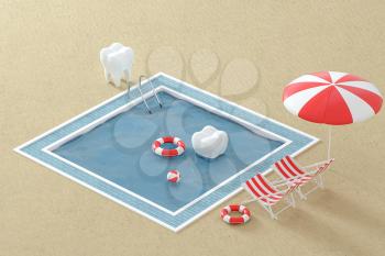 Cartoon tooth on holiday, swimming pool aside, 3d rendering. Computer digital drawing.