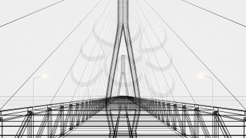 Sketch lines of suspension bridge, 3d rendering. Computer digital drawing.