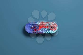 Capsule with particles inside with blue background, 3d rendering. Computer digital drawing.