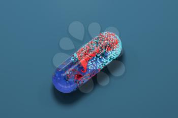 Capsule with particles inside with blue background, 3d rendering. Computer digital drawing.