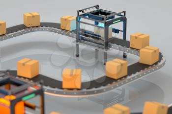 Transmitting of packaging box on the conveyor belt, 3d rendering. Computer digital drawing.