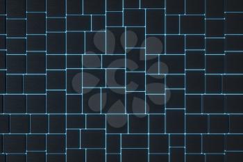 Tile cubes with glowing lines gap, 3d rendering. Computer digital drawing.