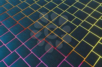 Tile cubes with colorful glowing gap, 3d rendering. Computer digital drawing.