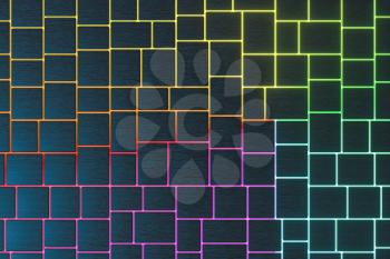 Tile cubes with colorful glowing gap, 3d rendering. Computer digital drawing.