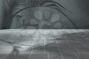Corner floor with tile cube floor with plant shadows, 3d rendering. Computer digital drawing.