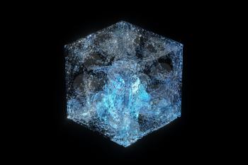 Glass cube with glowing particles inside, 3d rendering. Computer digital drawing.