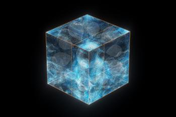Glass cube with glowing particles inside, 3d rendering. Computer digital drawing.