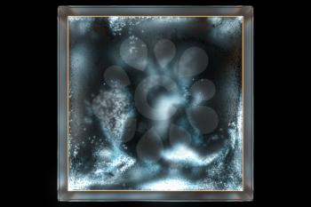 Frosted glass cube with glowing particles inside, 3d rendering. Computer digital drawing.