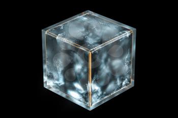 Frosted glass cube with glowing particles inside, 3d rendering. Computer digital drawing.