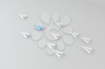 Blue paper plane white ones on white background, 3d rendering. Computer digital drawing.