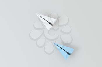 White paper plane with blue paper plane, 3d rendering. Computer digital drawing.