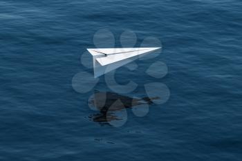 Paper plane fly over the ocean, 3d rendering. Computer digital drawing.
