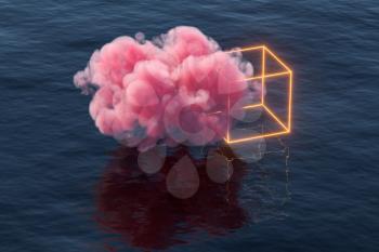 Pink cloud float over the sea, 3d rendering. Computer digital drawing.