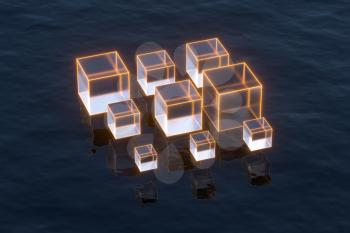 Floating transparent cubes over the ocean, 3d rendering. Computer digital drawing.