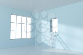 Conceptual room with a ladder lead to outside, 3d rendering. Computer digital drawing.