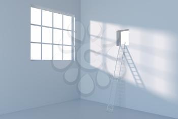 Conceptual room with a ladder lead to outside, 3d rendering. Computer digital drawing.