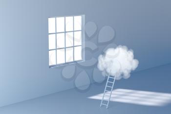 Conceptual room with a ladder lead to the cloud, 3d rendering. Computer digital drawing.
